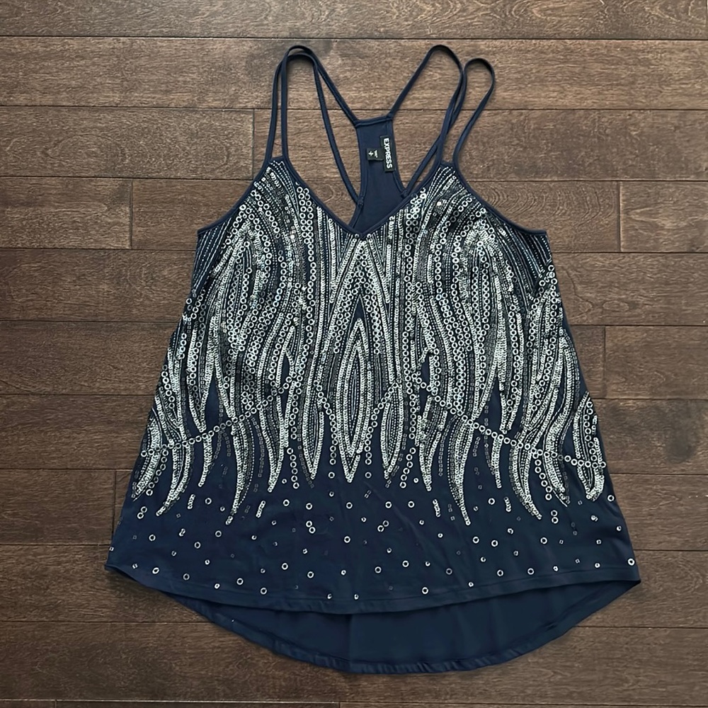 Express Navy Blue Silver Sequin Embellished Cami Swing Tank Top Small